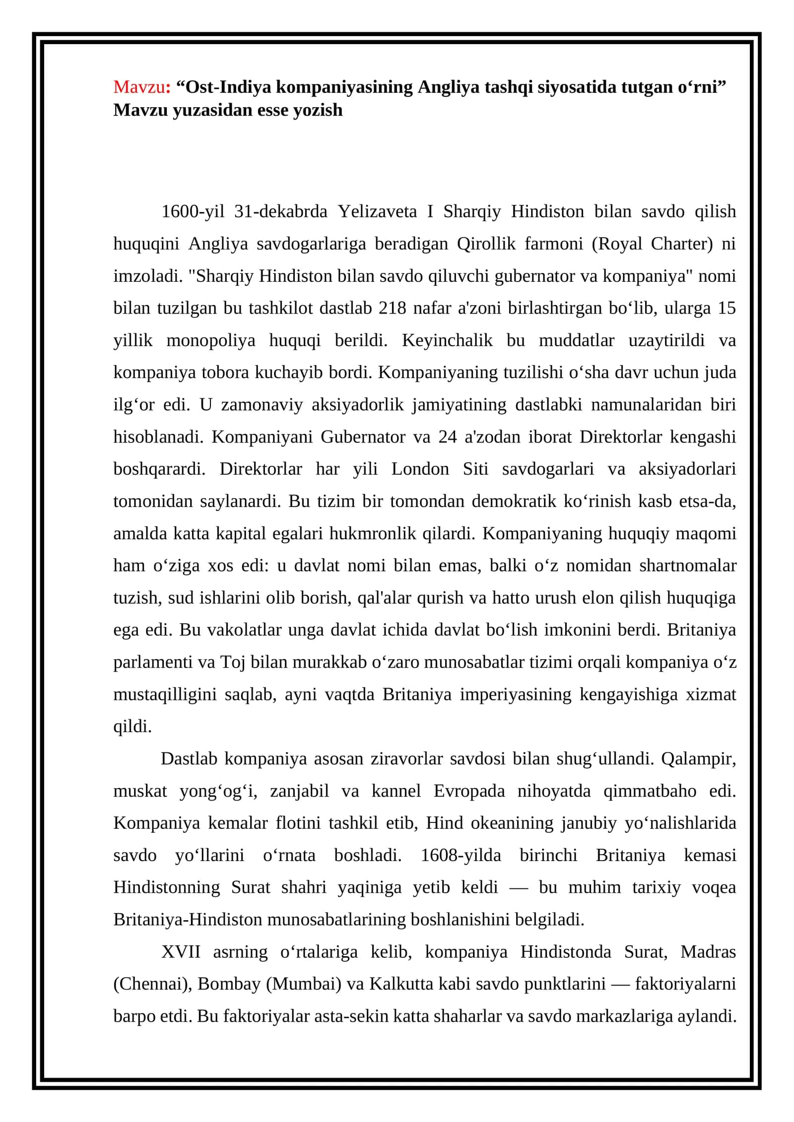 Ost-Indiya kompaniyasining Angliya tashqi siyosatida tutgan o‘rni Mavzu yuzasidan esse yozish 1