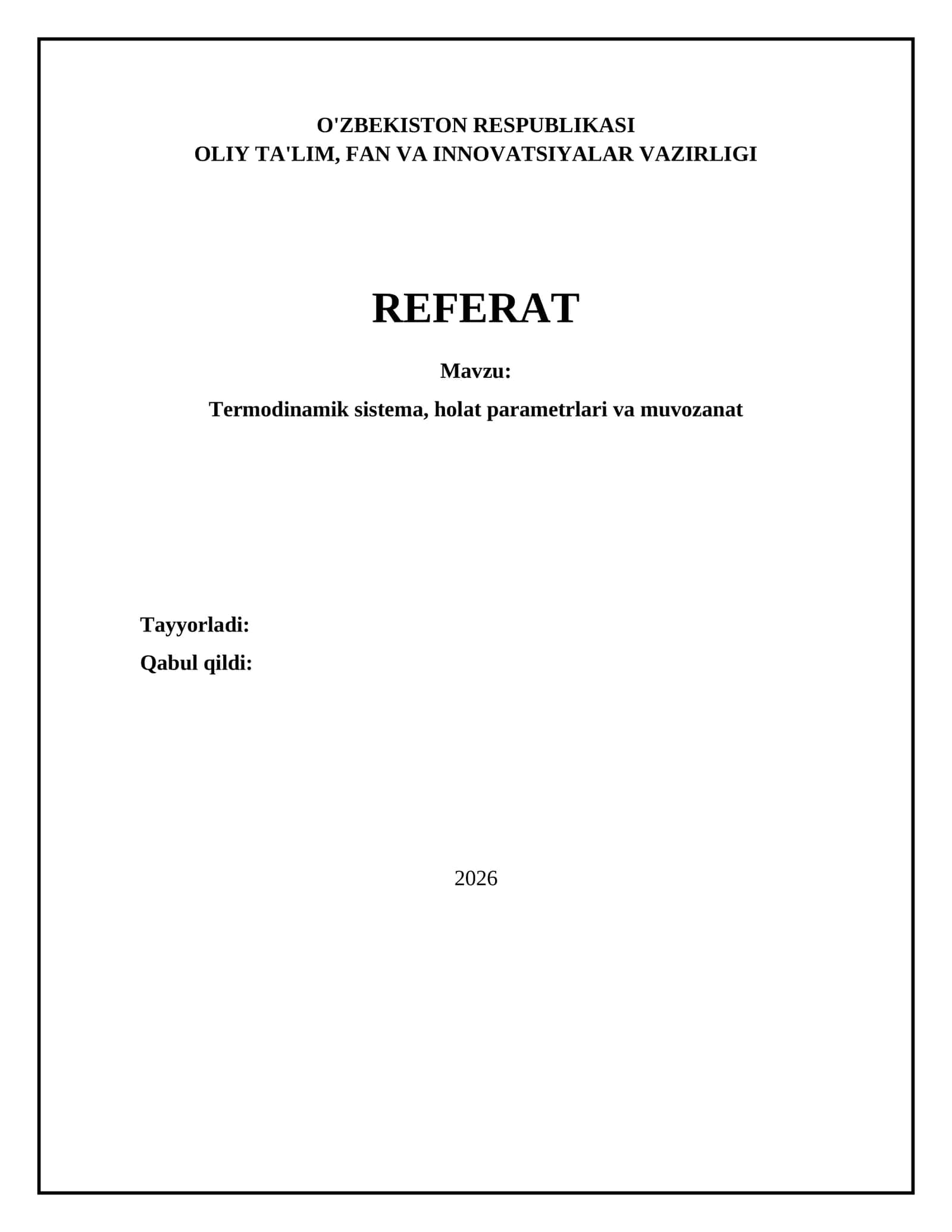Termodinamik sistema, holat parametrlari va muvozanat 1