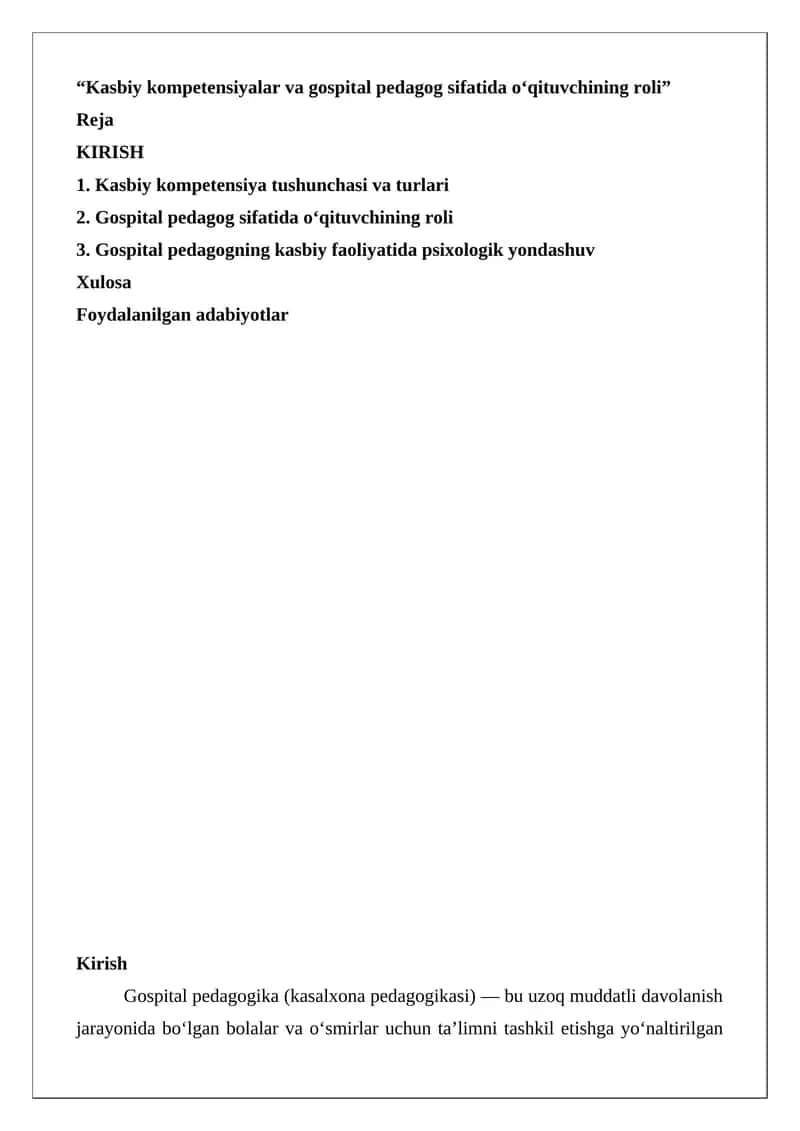 Kasbiy kompetensiyalar va gospital pedagog sifatida o‘qituvchining roli 1