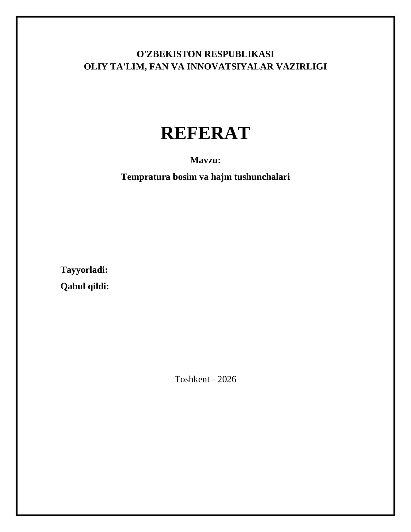 Tempratura bosim va hajm tushunchalari 1