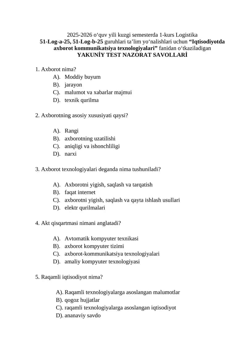 Yakuniy test savollari "Iqtisodiyotda axborot kommunikatsiya texnologiyalari" 1