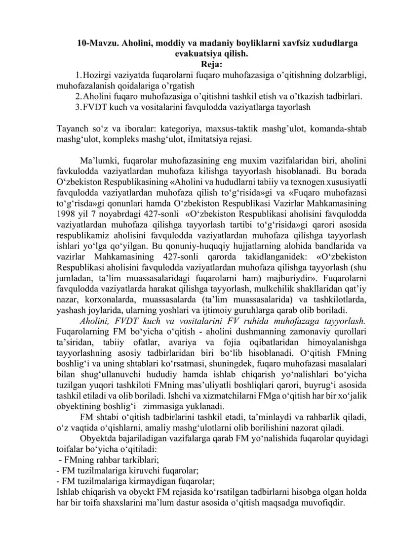 Aholini, moddiy va madaniy boyliklarni xavfsiz xududlarga evakuatsiya qilish 1