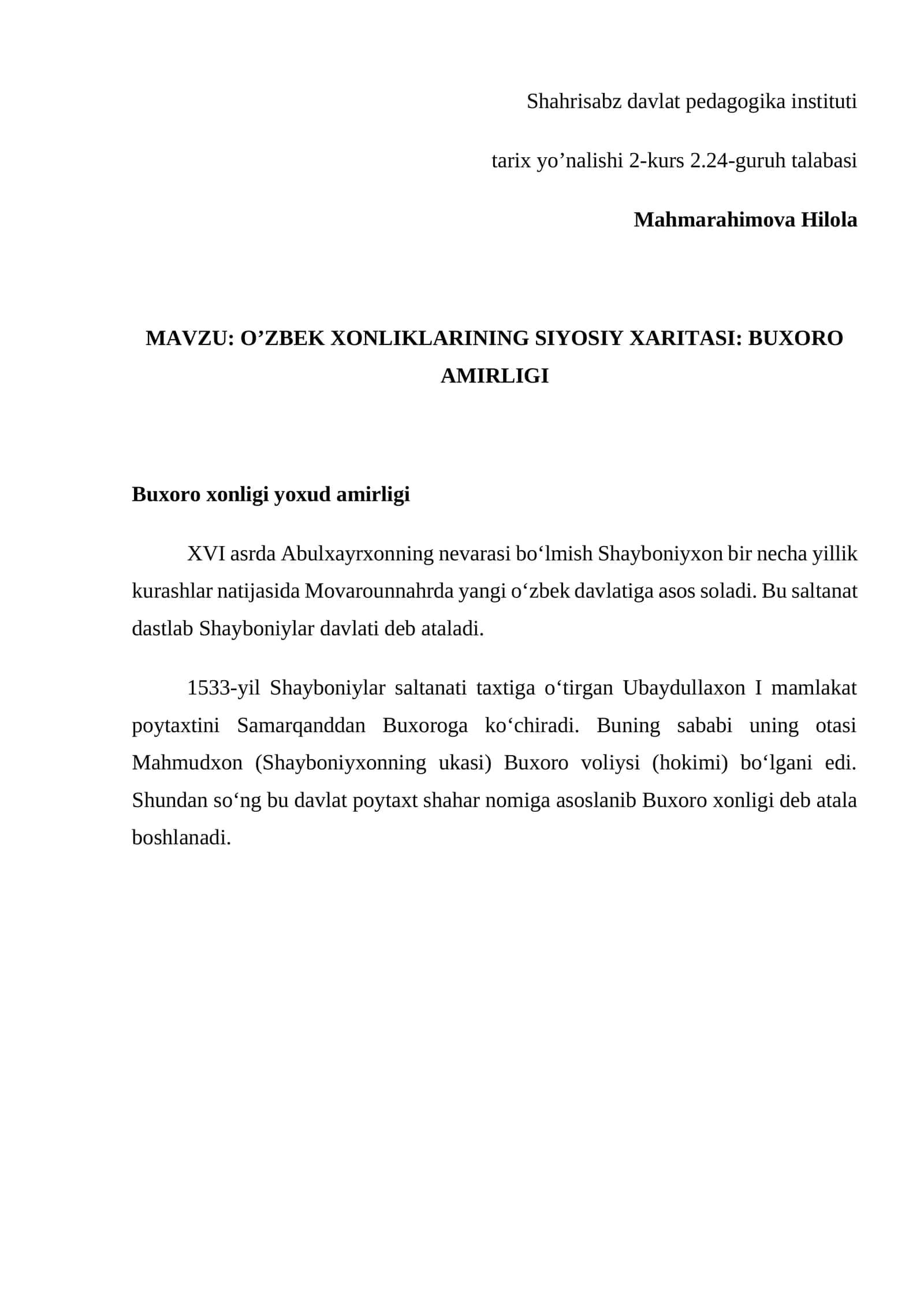 O’ZBEK XONLIKLARINING SIYOSIY XARITASI: BUXORO AMIRLIGI 1