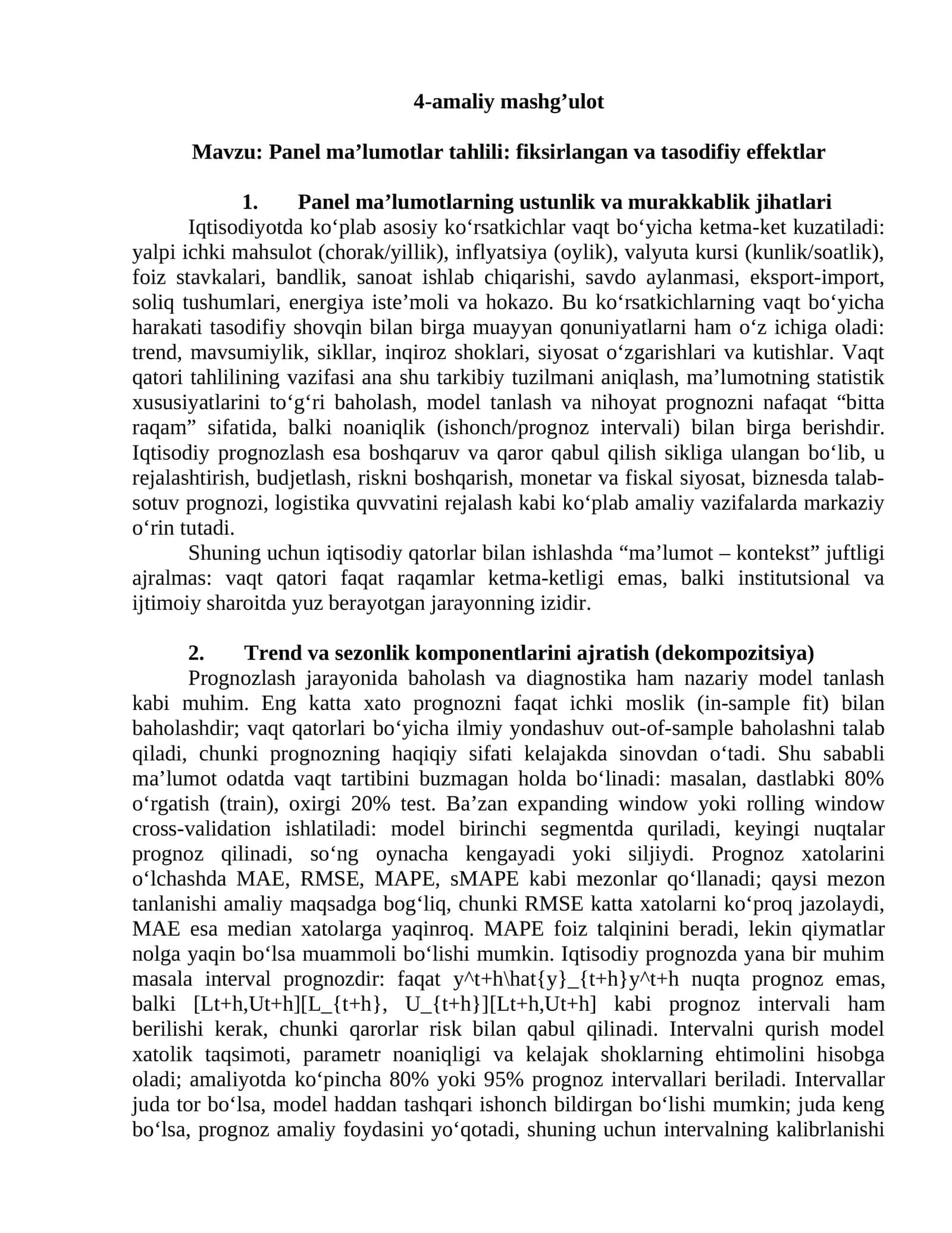 Panel ma’lumotlar tahlili: fiksirlangan va tasodifiy effektlar 1