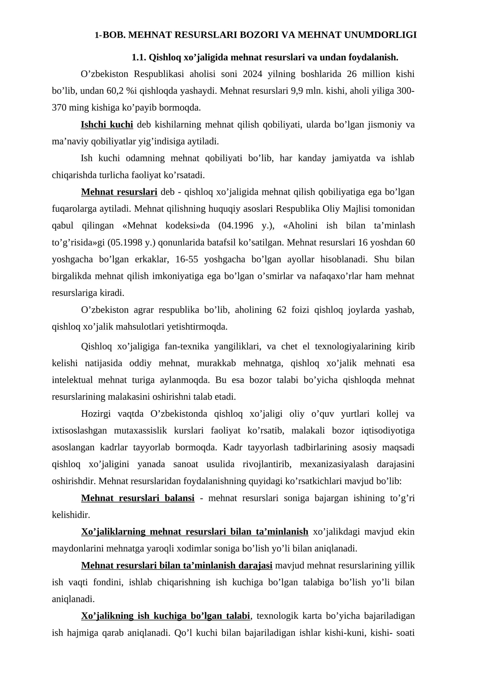 MEHNAT RESURSLARI BOZORI VA MEHNAT UNUMDORLIGI 1