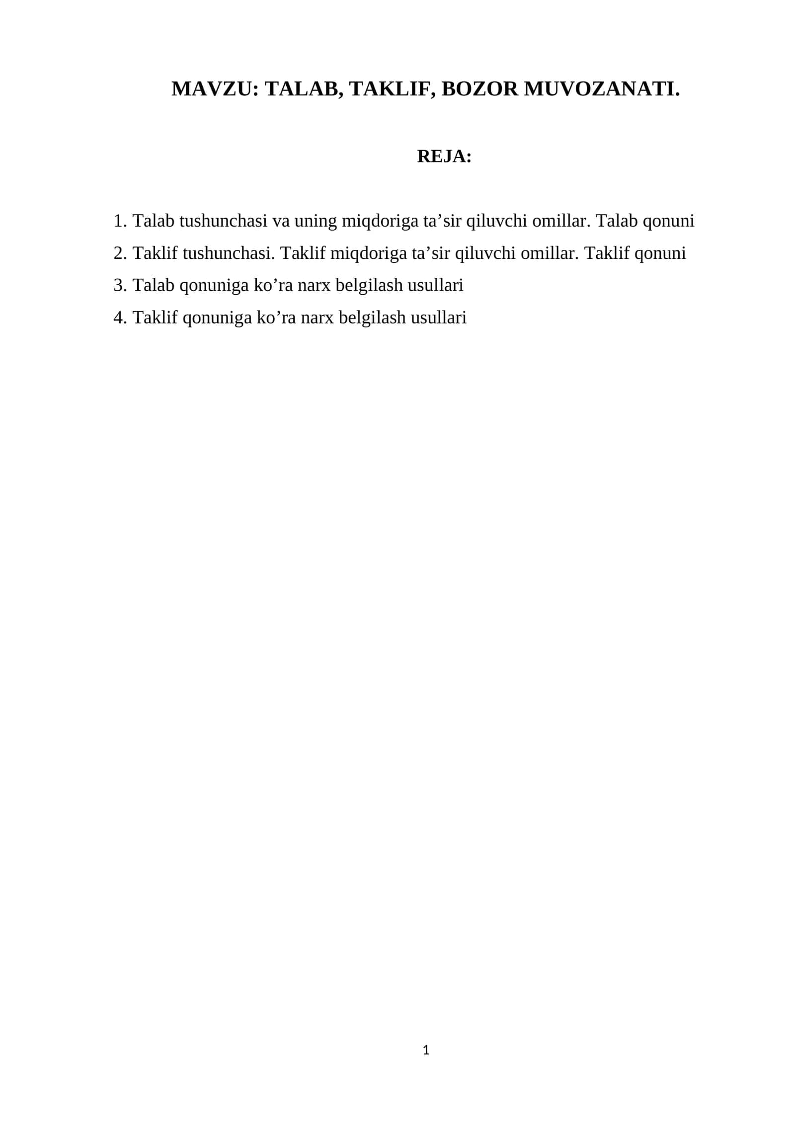 Talab, Taklif, Bozor Muvozanati 1