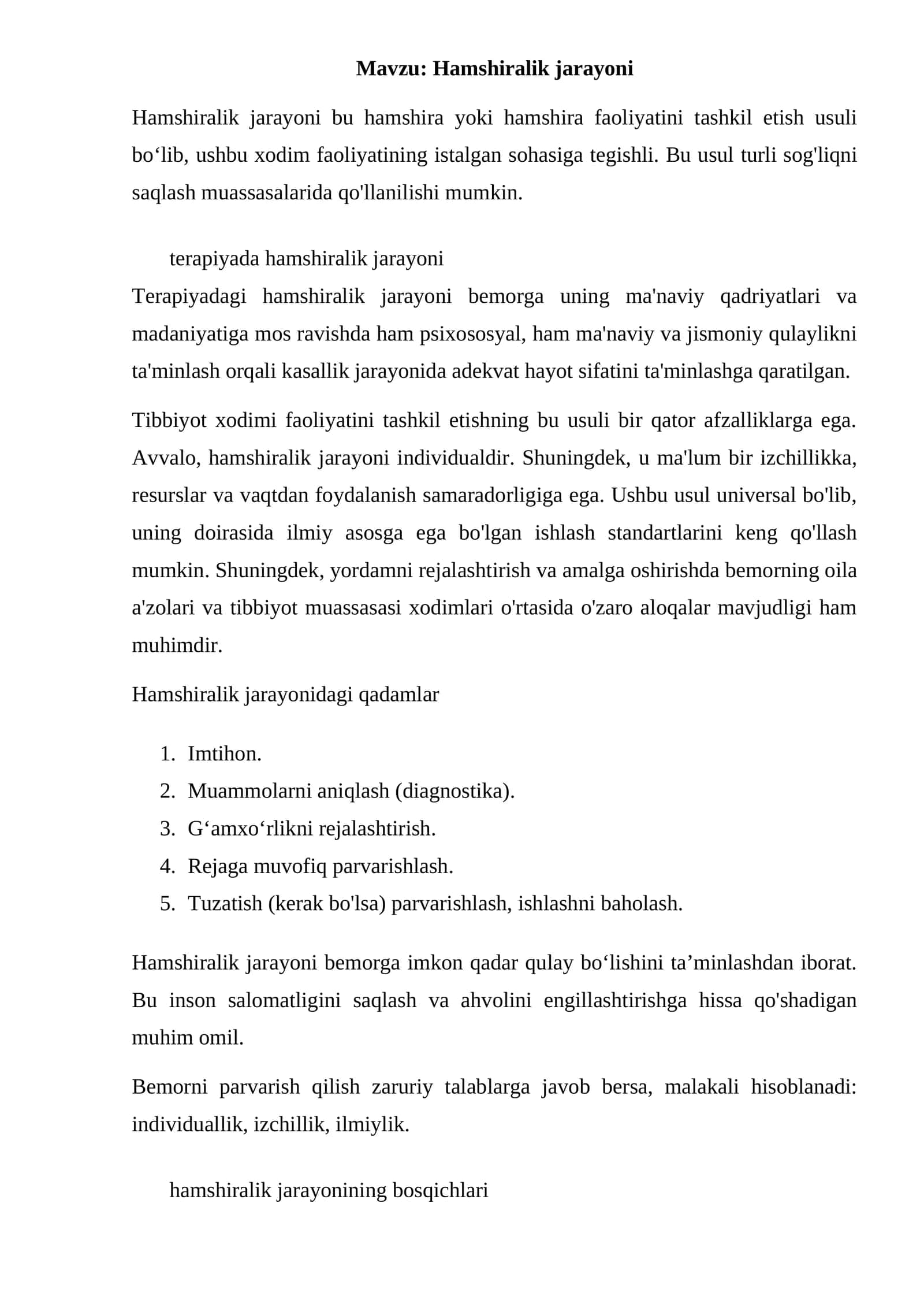 Hamshiralik jarayoni 1