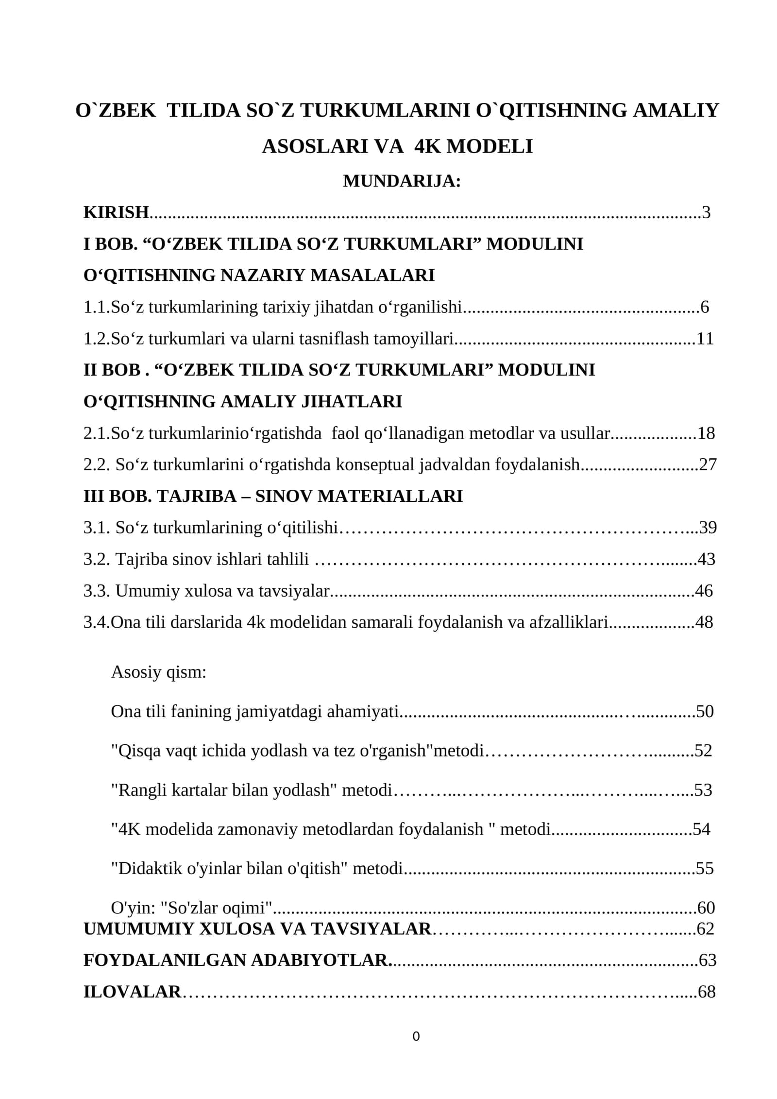 O`ZBEK TILIDA SO`Z TURKUMLARINI O`QITISHNING AMALIY ASOSLARI VA 4K MODELI 1