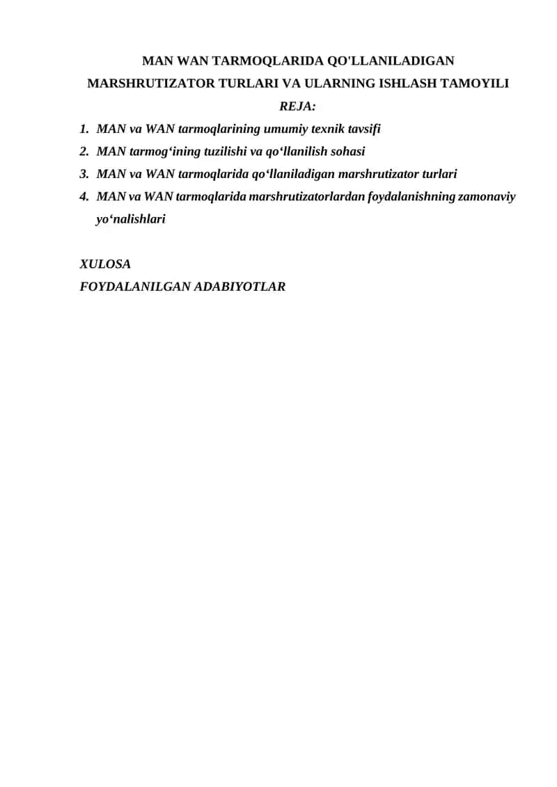 MAN WAN TARMOQLARIDA QO'LLANILADIGAN MARSHRUTIZATOR TURLARI VA ULARNING ISHLASH TAMOYILI 1