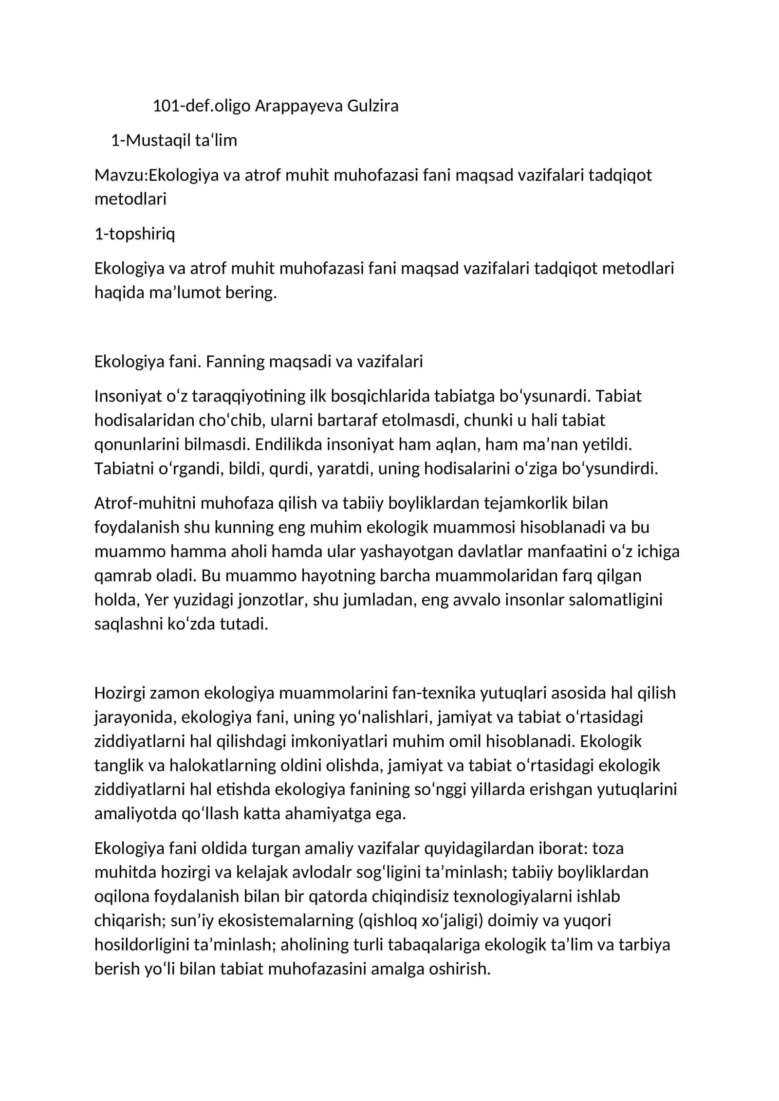 Ekologiya va atrof muhitni muhofaza qilih fanining rivojlanishi va asoslari 1