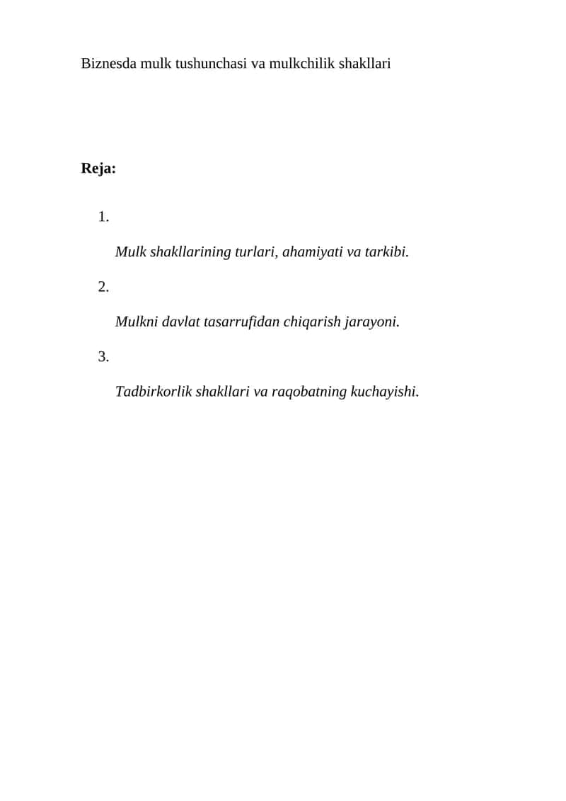Mulk Tushunchasi va Mulkchilik Shakllari 1