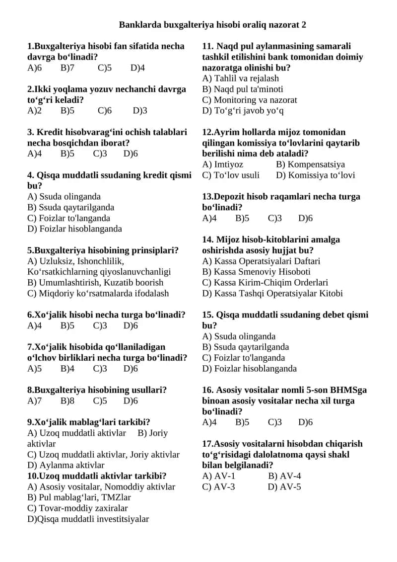 Banklarda buxgalteriya hisobi fanidan oraliq nazorat 2 1