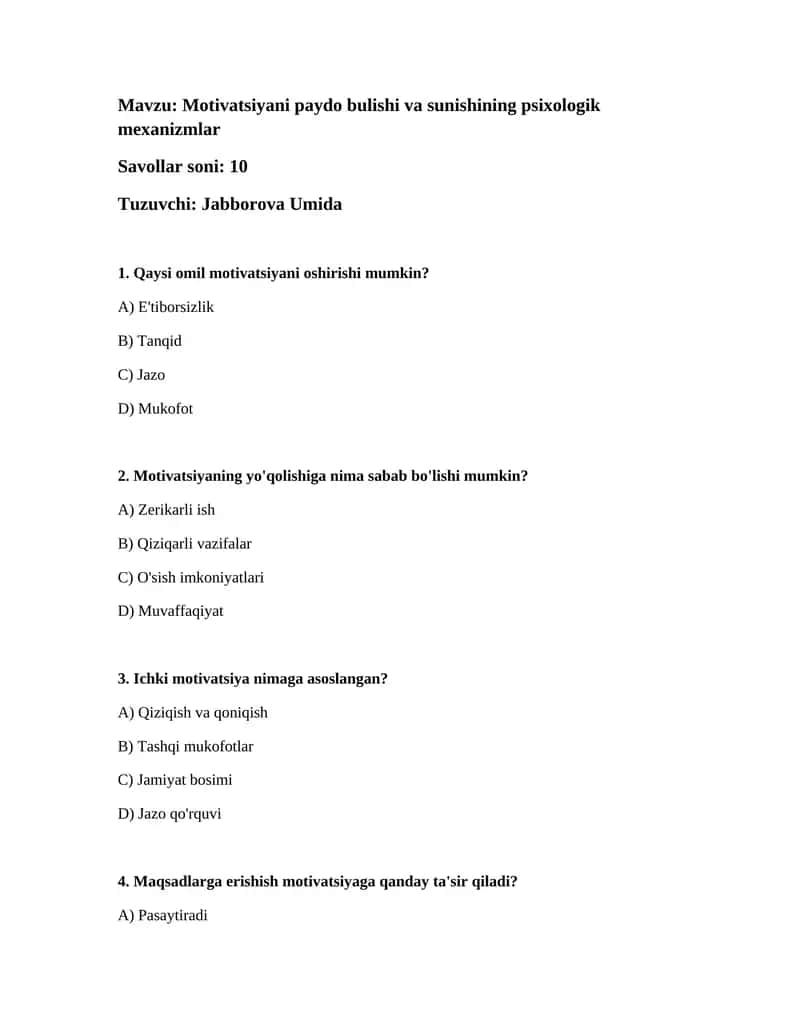 Motivatsiyani paydo bulishi va sunishining psixologik mexanizmlar 1