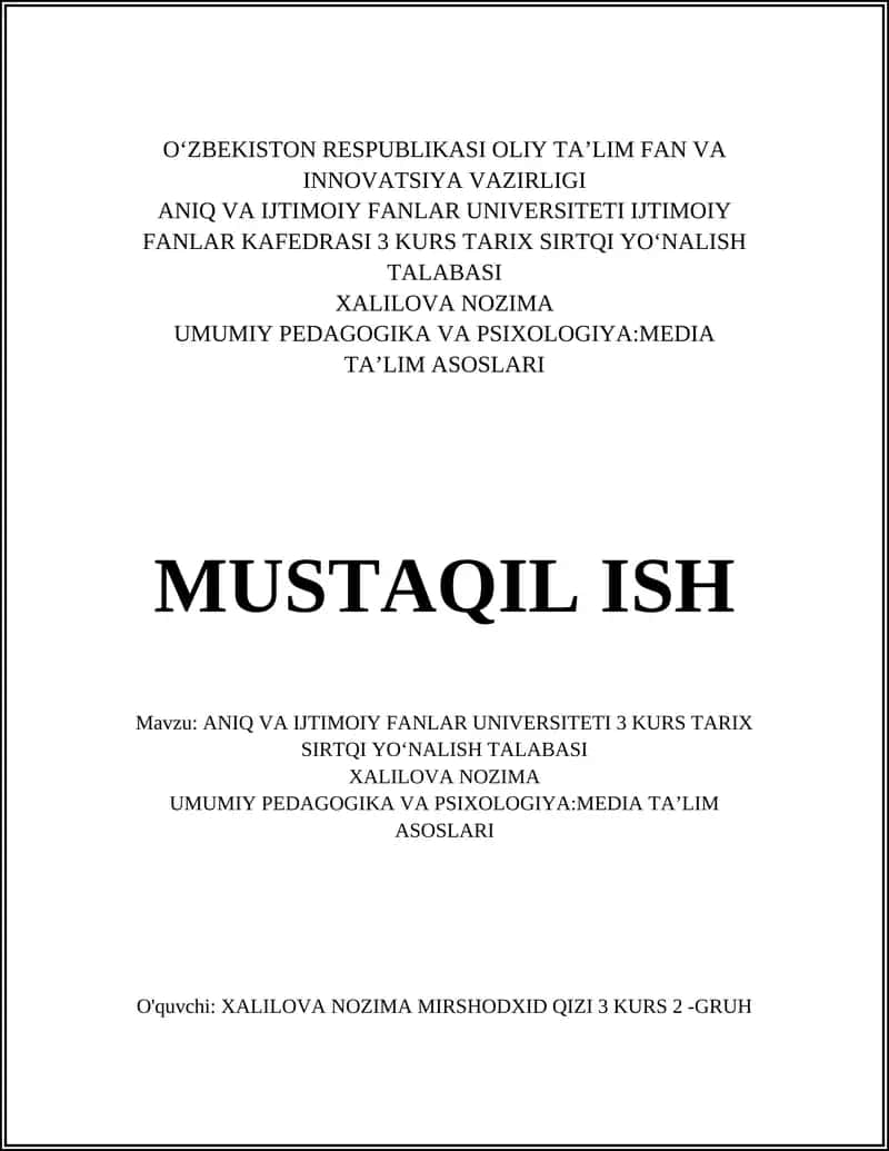 ANIQ VA IJTIMOIY FANLAR UNIVERSITETI 3 KURS TARIX SIRTQI YOʻNALISH TALABASI 1