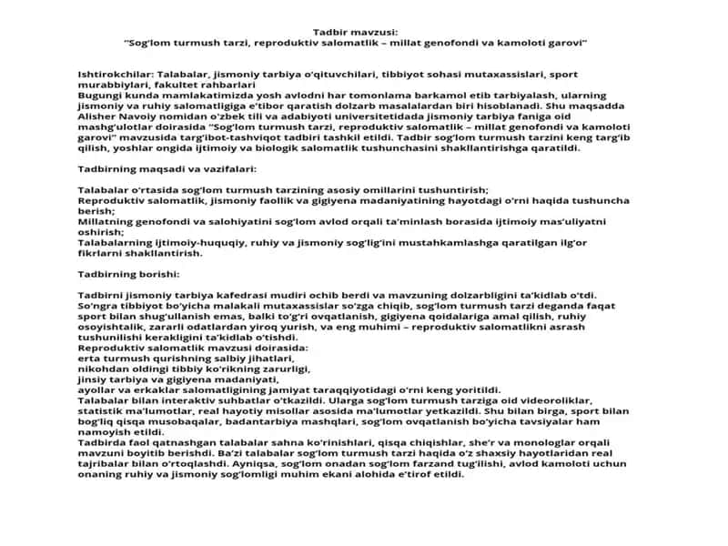 "Sog'lom turmush tarzi, reproduktiv salomatlik - millat genofondi va kamoloti garovi" tadbiri 1