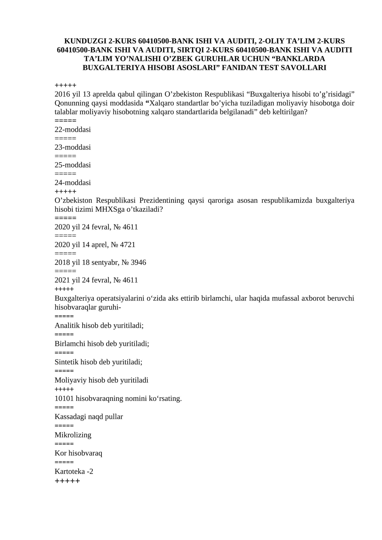 Banklarda buxgalteriya hisobi Test yakuniy 1