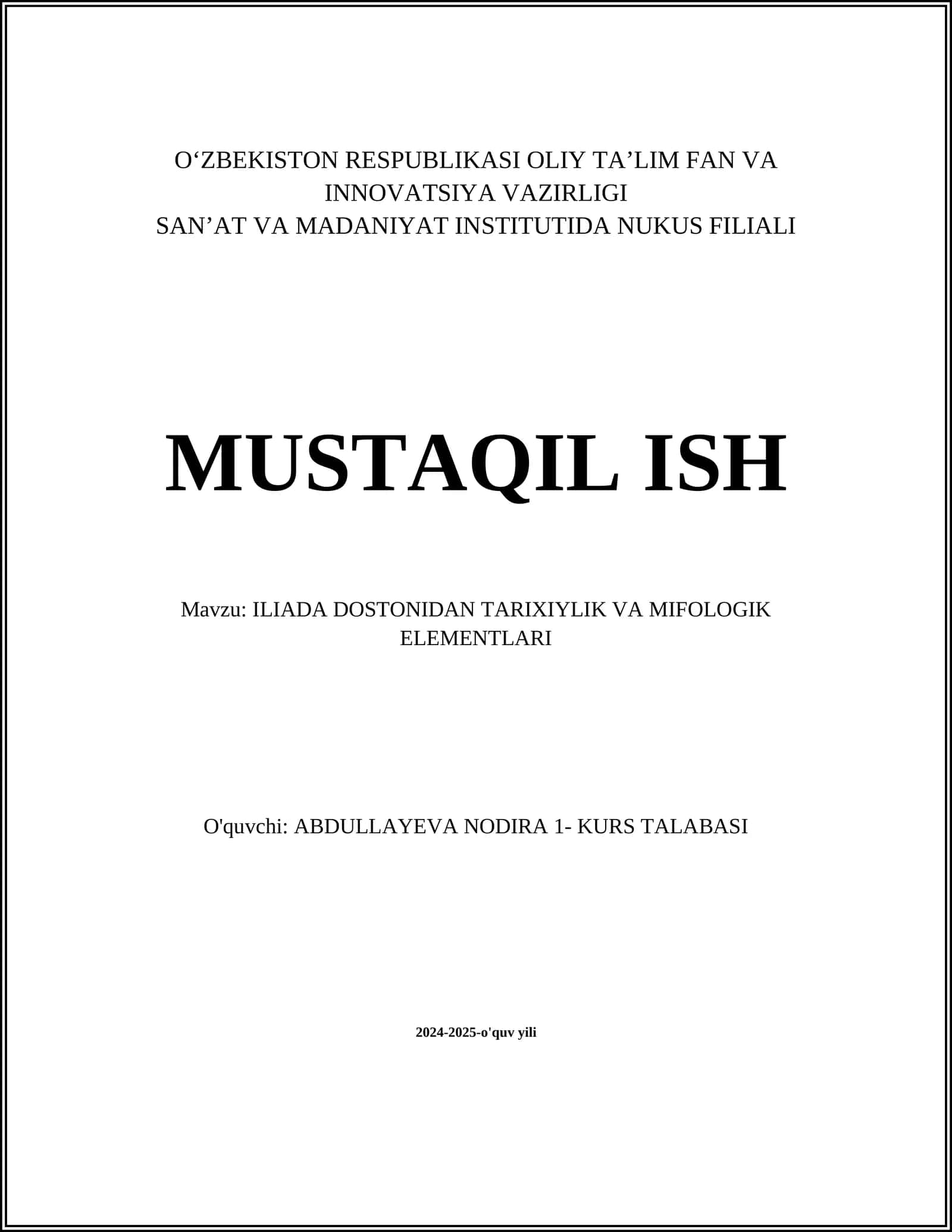 ILIADA DOSTONIDAN TARIXIYLIK VA MIFOLOGIK ELEMENTLARI 1