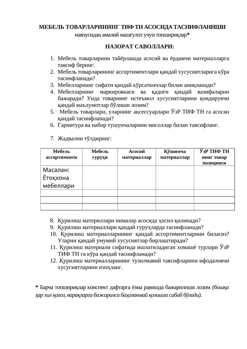 МЕБЕЛЬ ТОВАРЛАРИНИНГ ТИФ ТН АСОСИДА ТАСНИФЛАНИШИ 1