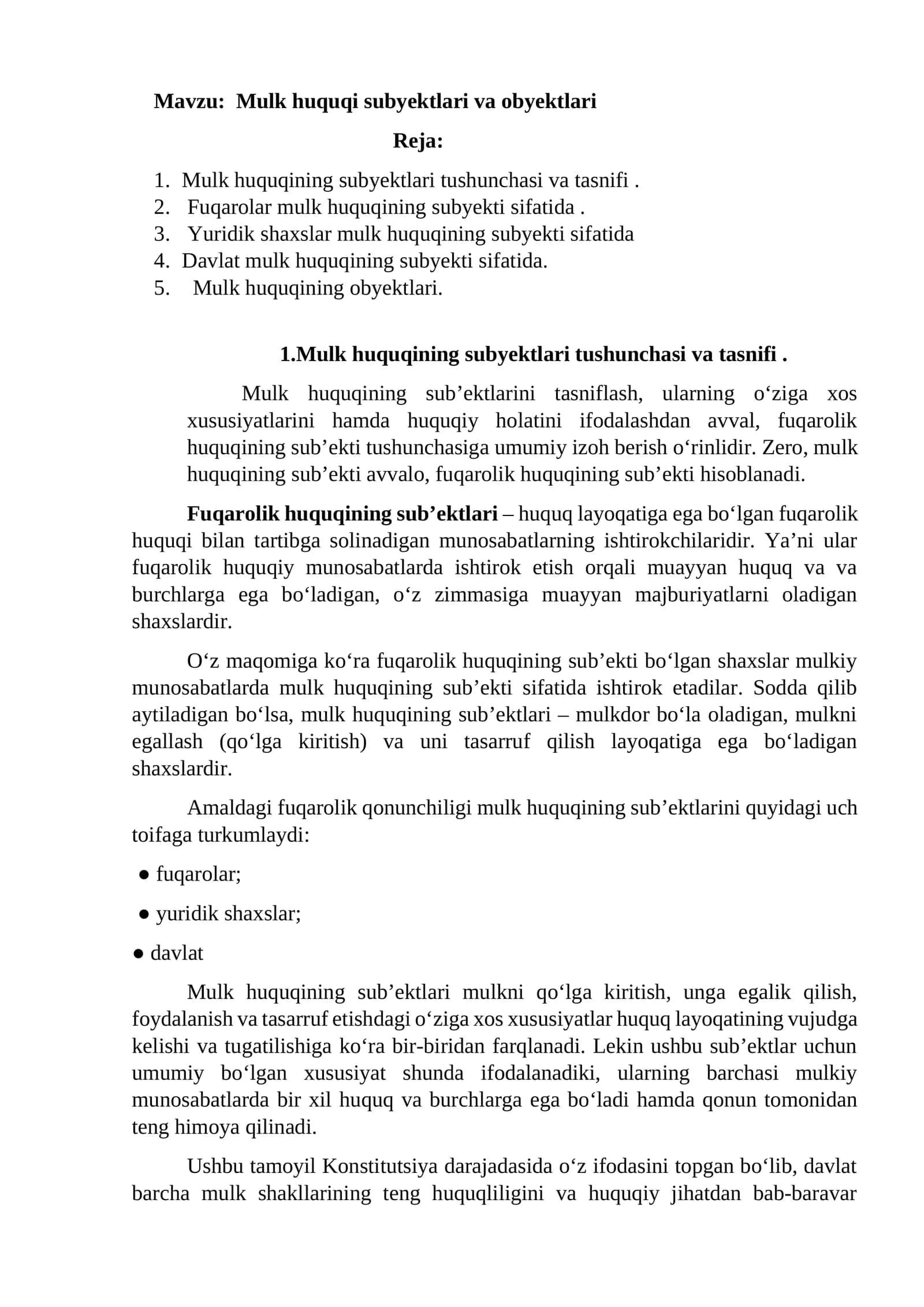 Mulk huquqi subyektlari va obyektlari 1