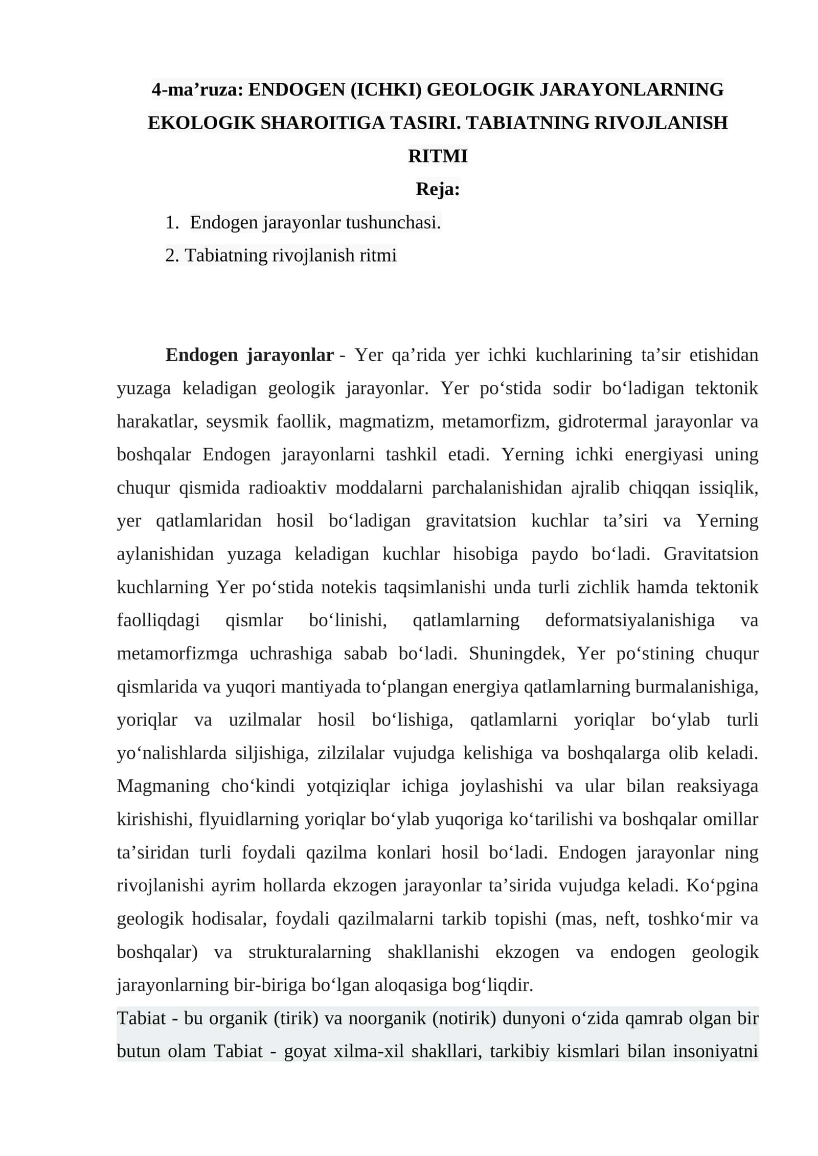 ENDOGEN (ICHKI) GEOLOGIK JARAYONLARNING EKOLOGIK SHAROITIGA TASIRI 1