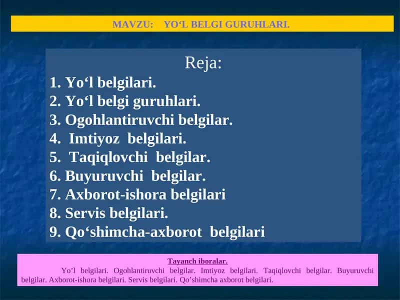 Yo‘l belgilari va ularning guruhlari 1