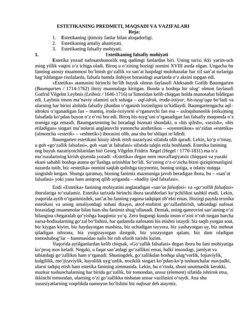 Estetikaning Predmeti, Maqsadi va Vazifalari 1