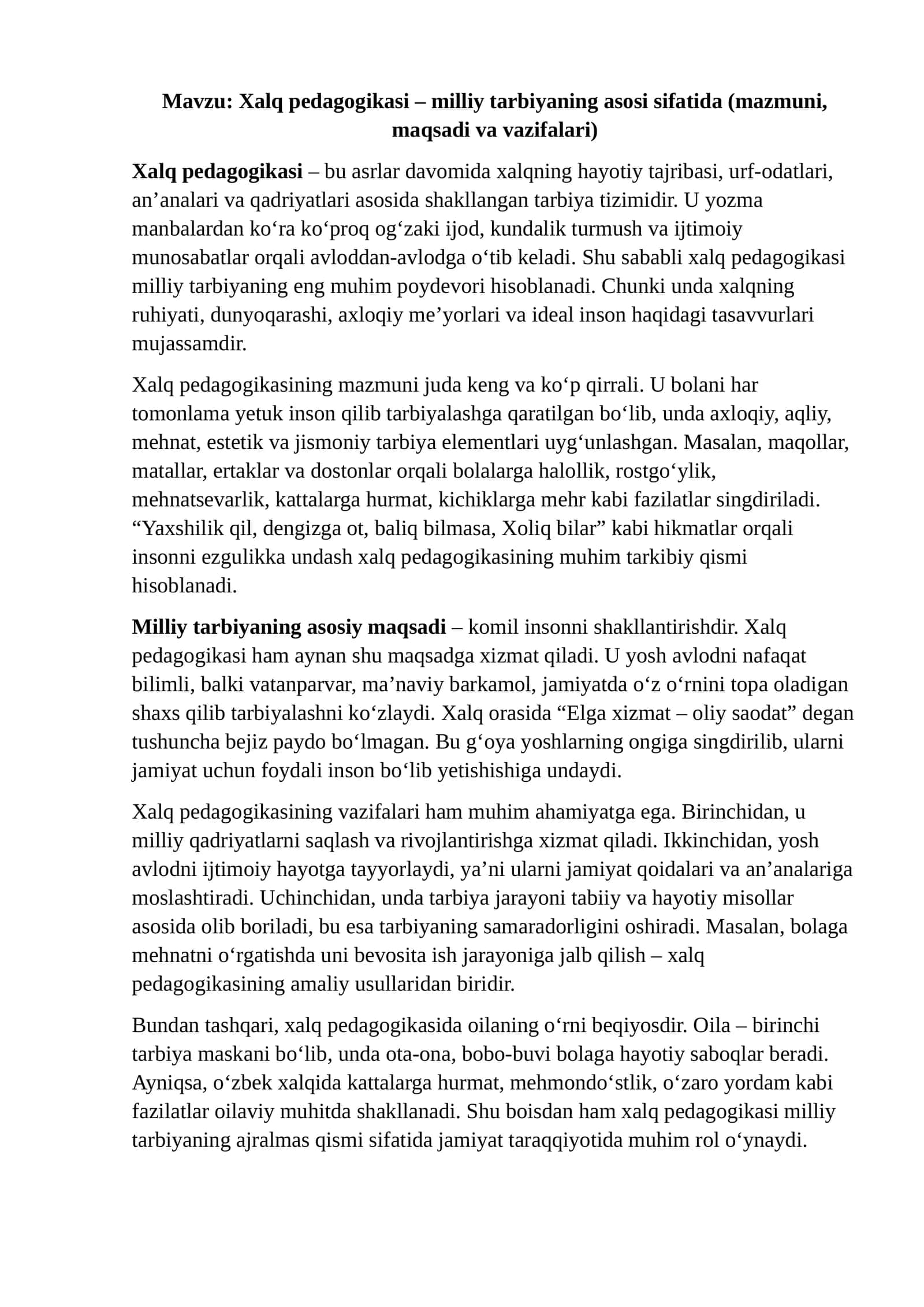 Xalq pedagogikasi – milliy tarbiyaning asosi sifatida (mazmuni, maqsadi va vazifalari) 1