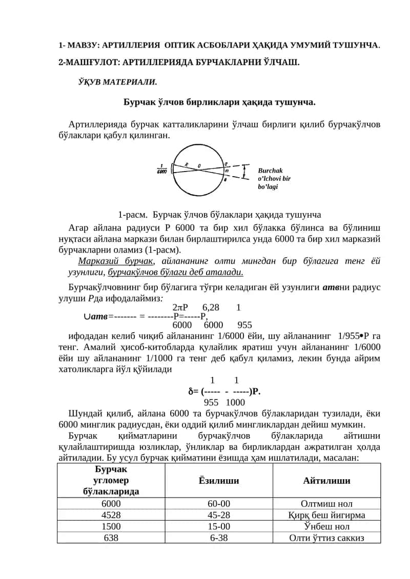 АРТИЛЛЕРИЯ ОПТИК АСБОБЛАРИ ҲАҚИДА УМУМИЙ ТУШУНЧА 1