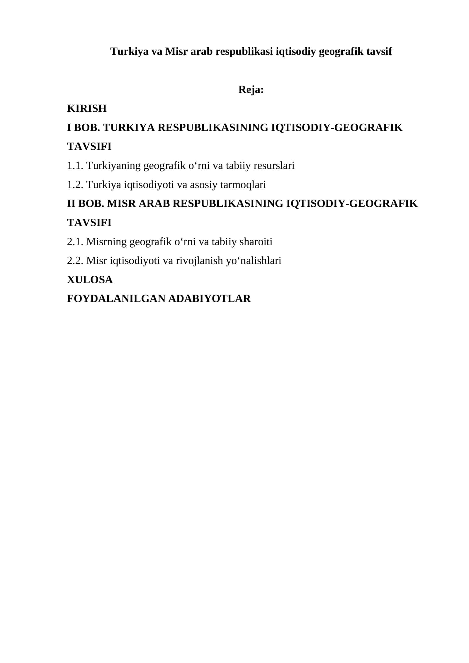 Turkiya va Misr arab respublikasi iqtisodiy geografik tavsif 1