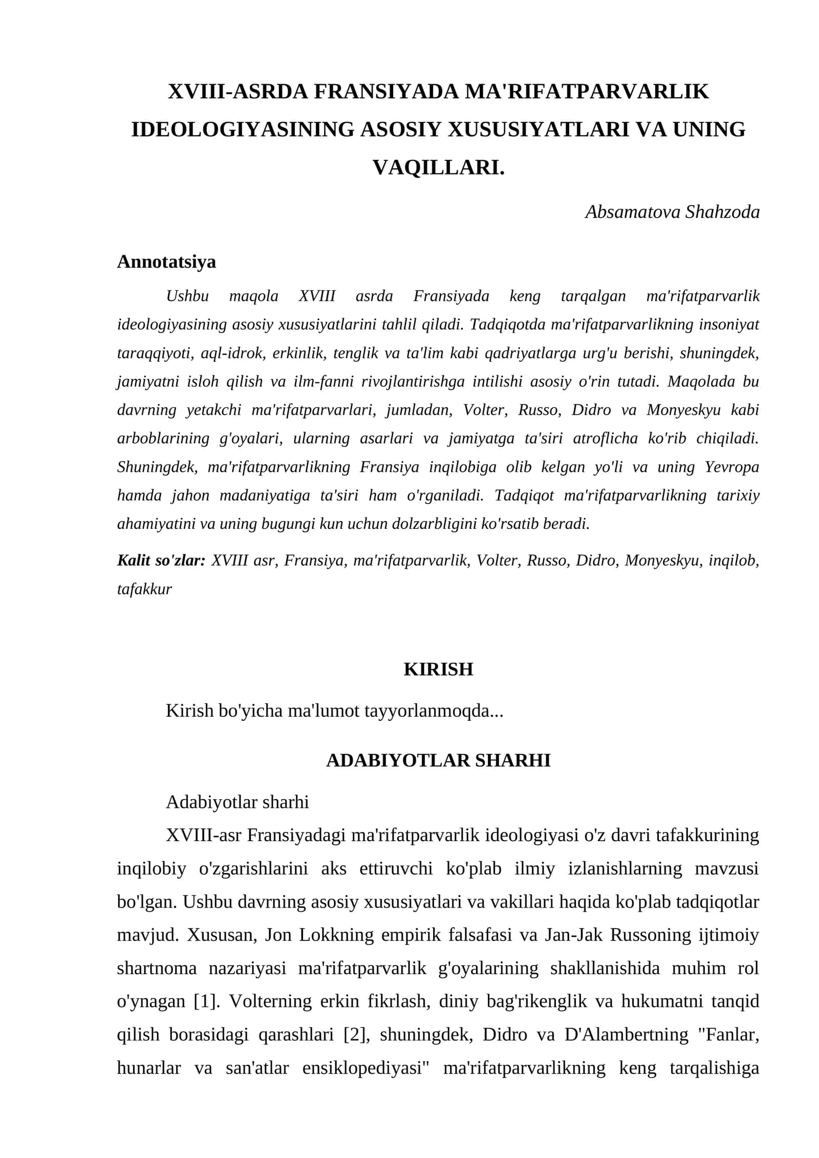 XVIII-ASRDA FRANSIYADA MA'RIFATPARVARLIK IDEOLOGIYASINING ASOSIY XUSUSIYATLARI VA UNING VAQILLARI 1