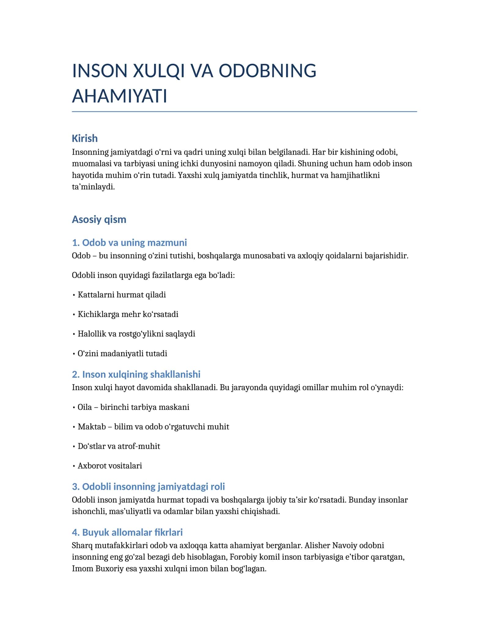 INSON XULQI VA ODOBNING AHAMIYATI 1
