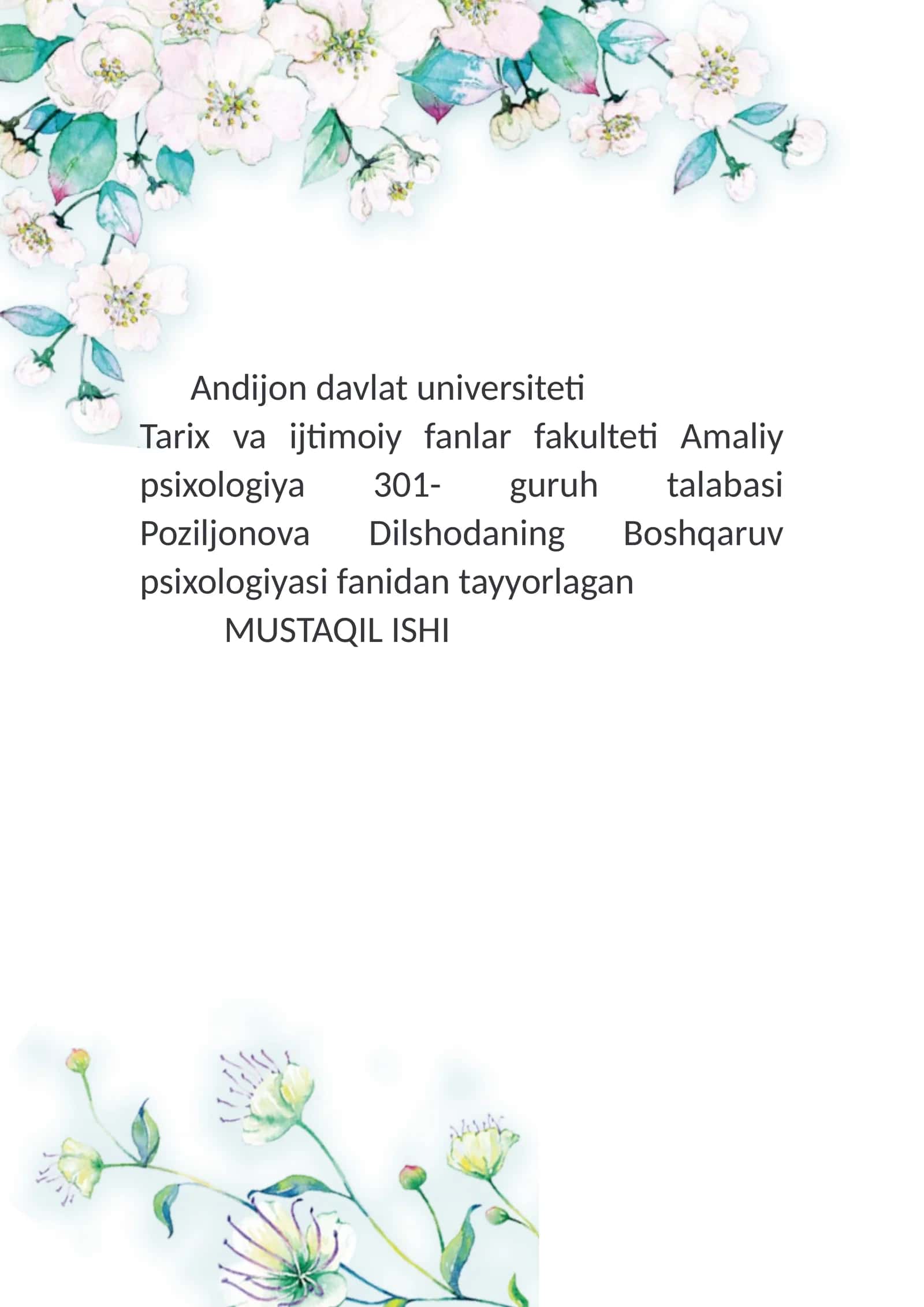 Boshqaruv psixologiyasi fanidan tayyorlagan MUSTAQIL ISHI 1