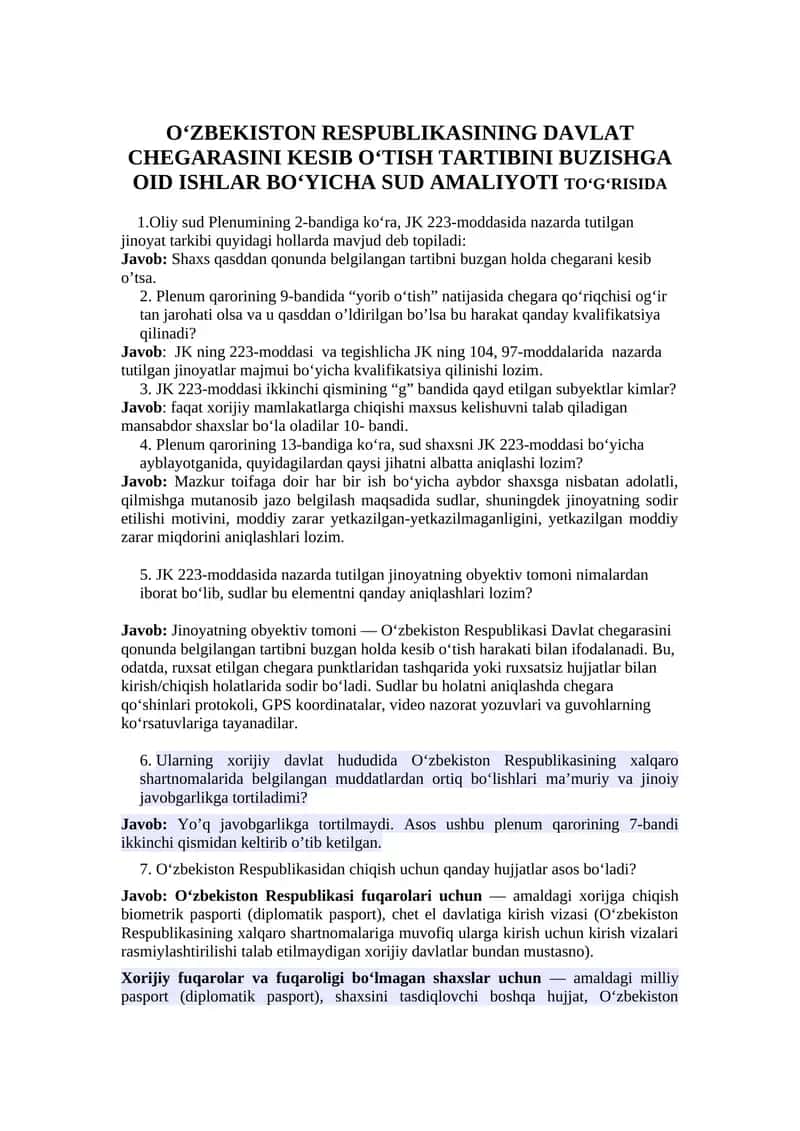 OʻZBEKISTON RESPUBLIKASINING DAVLAT CHEGARASINI KESIB OʻTISH TARTIBINI BUZISHGA OID ISHLAR BOʻYICHA SUD AMALIYOTI 1