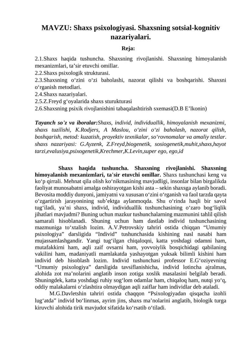 Shaxs psixologiyasi. Shaxsning sotsial-kognitiv nazariyalari. 1