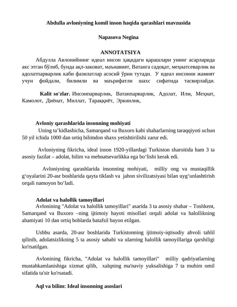 Abdulla Avloniyning ideal inson haqida qarashlari 1