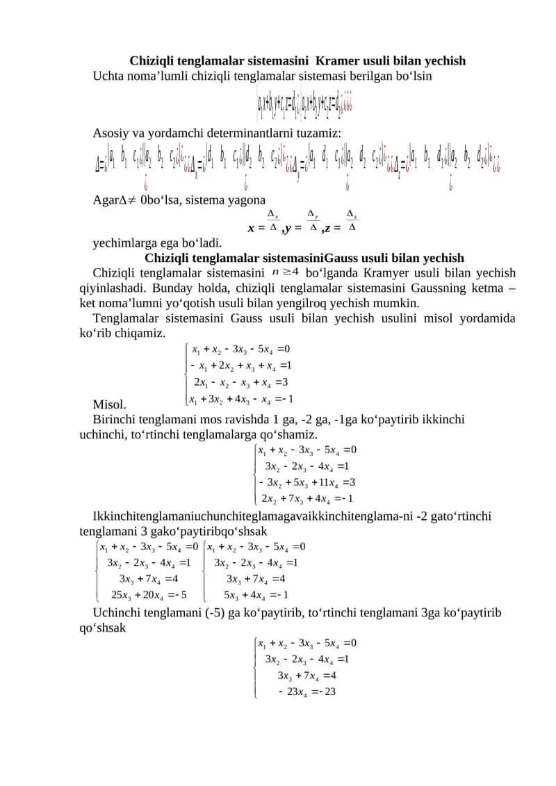 Chiziqli tenglamalar sistemasini Кramer usuli bilan yechish 1