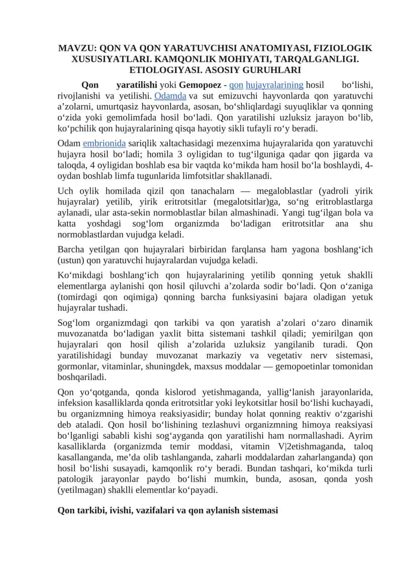 Qon va Qon Yaratuvcisi Anatomiyasi, Fiziologik Xususiyatlari 1