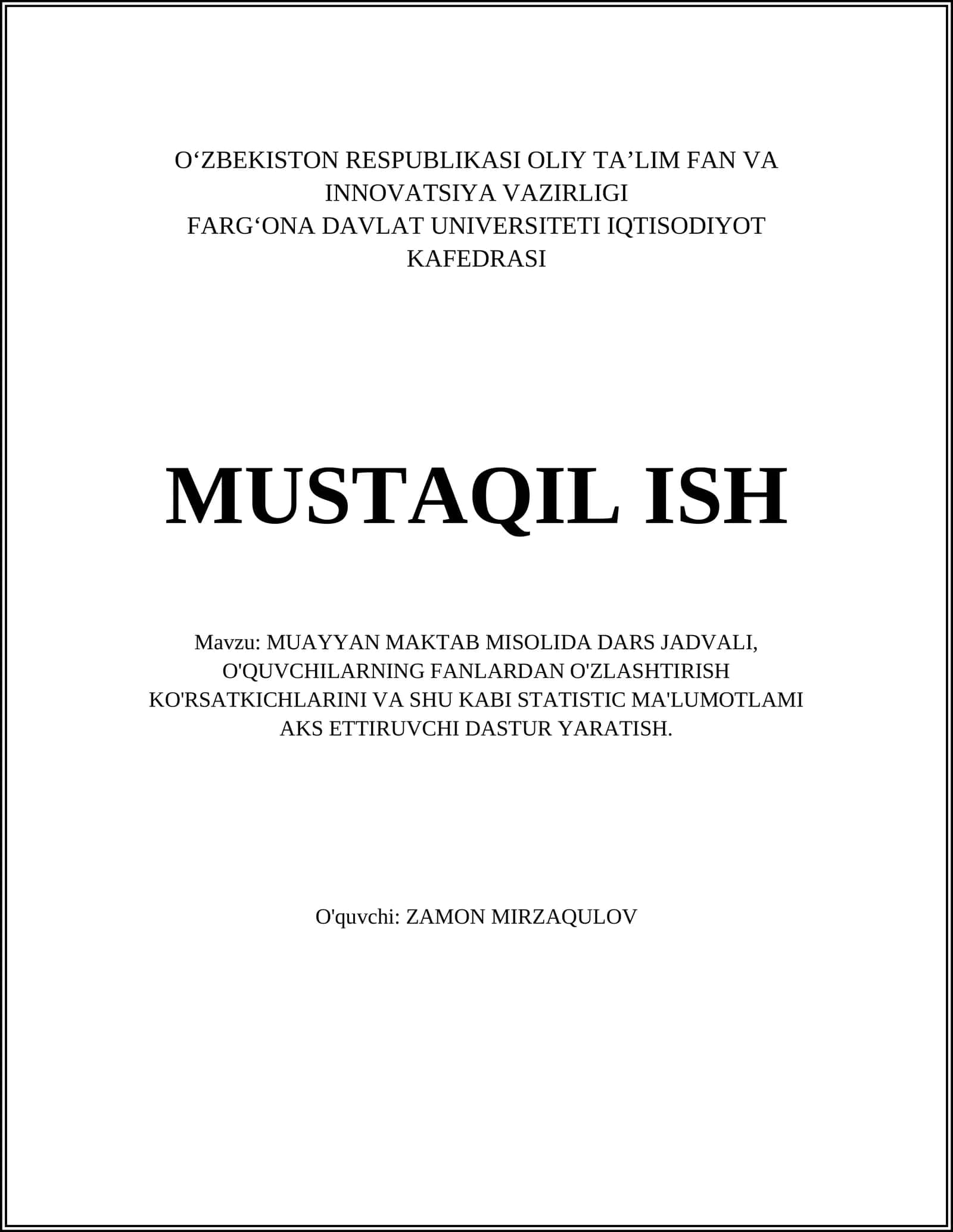 MUAYYAN MAKTAB MISOLIDA DARS JADVALI 1