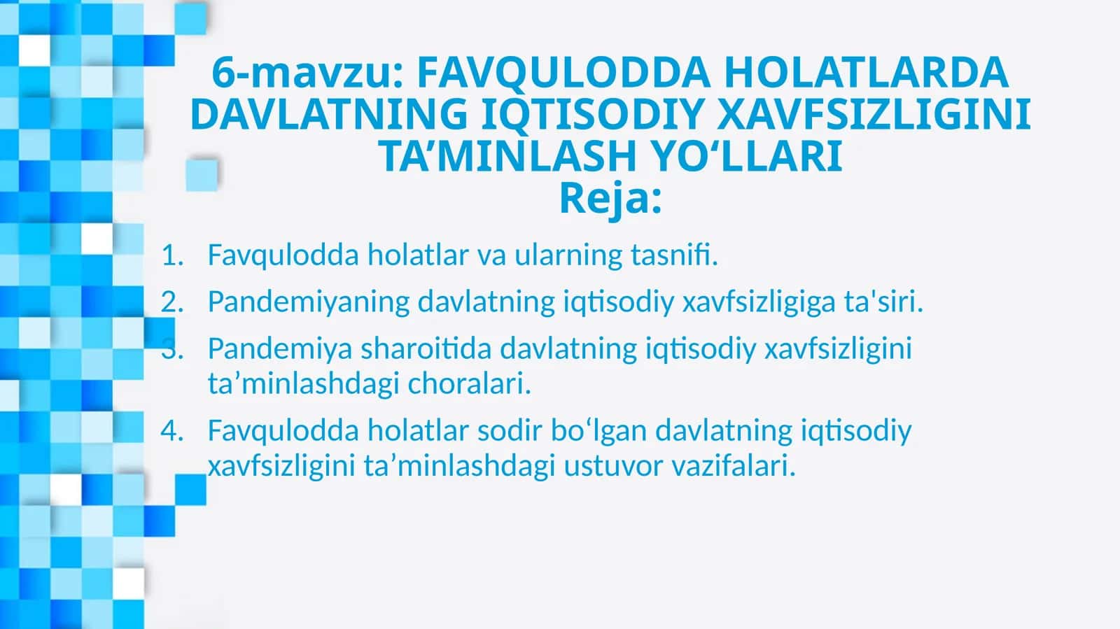 FAVQULODDA HOLATLARDA DAVLATNING IQTISODIY XAVFSIZLIGINI TA’MINLASH YO‘LLARI 1