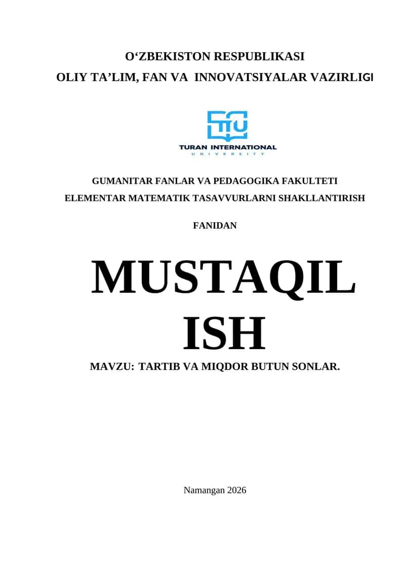 Elementar matematik tasavvurlarni shakllantirish, tartib va miqdor butun sonlar 1