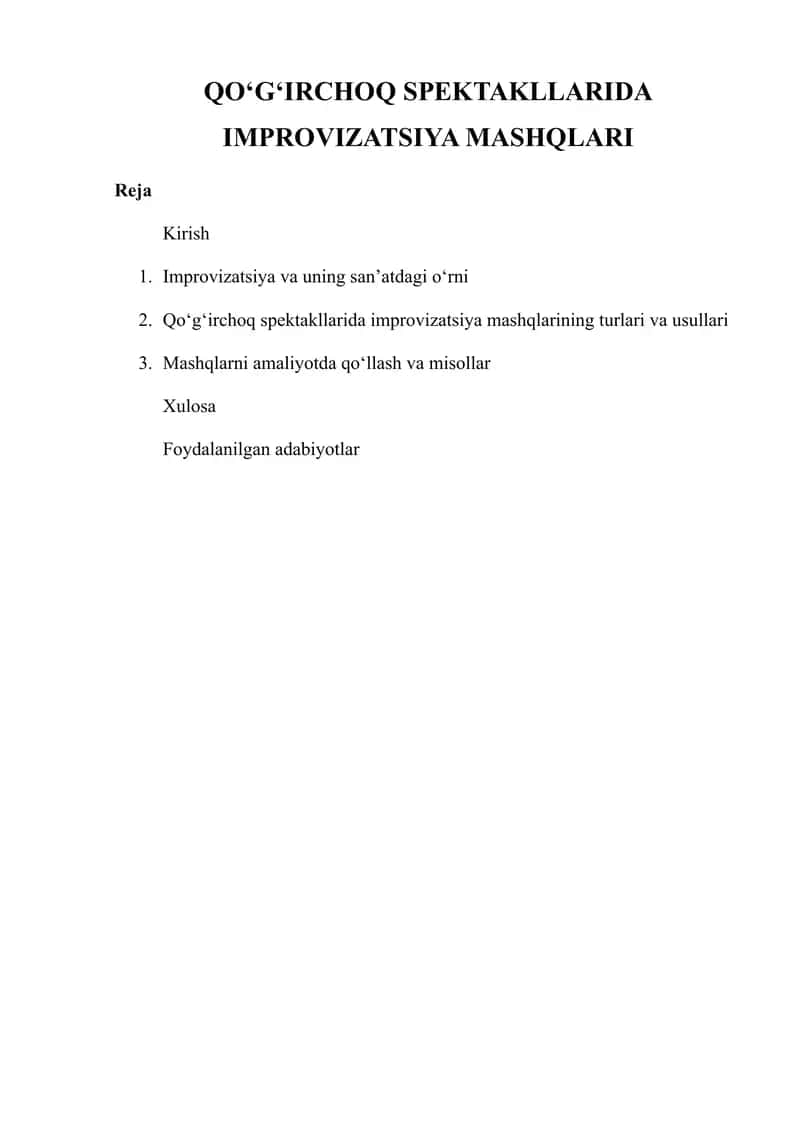 QO‘G‘IRCHOQ SPEKTAKLLARIDA IMPROVIZATSIYA MASHQLARI 1