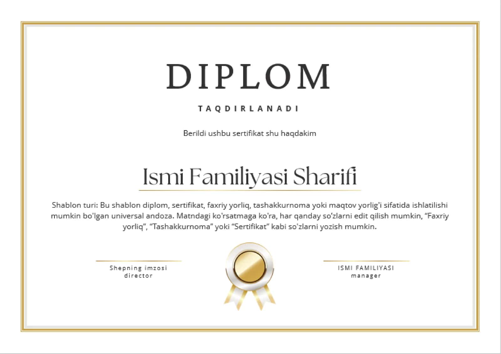 Shablon turi: Bu shablon diplom, sertifikat, faxriy yorliq 1