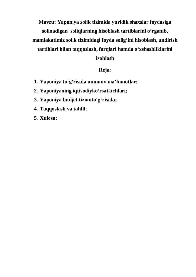 Yaponiya solik tizimida yuridik shaxslar foydasiga solinadigan soliqlarning hisoblash tartiblarini o‘rganish 1
