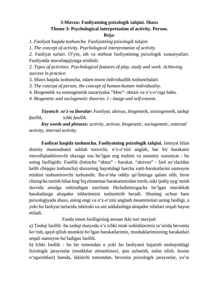 Faoliyatning psixologik talqini 1