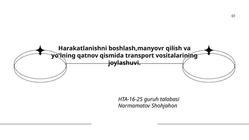 Harakatlanishni boshlash, manyovr qilish va yo'lning qatnov qismida transport vositalarining joylashuvi 1