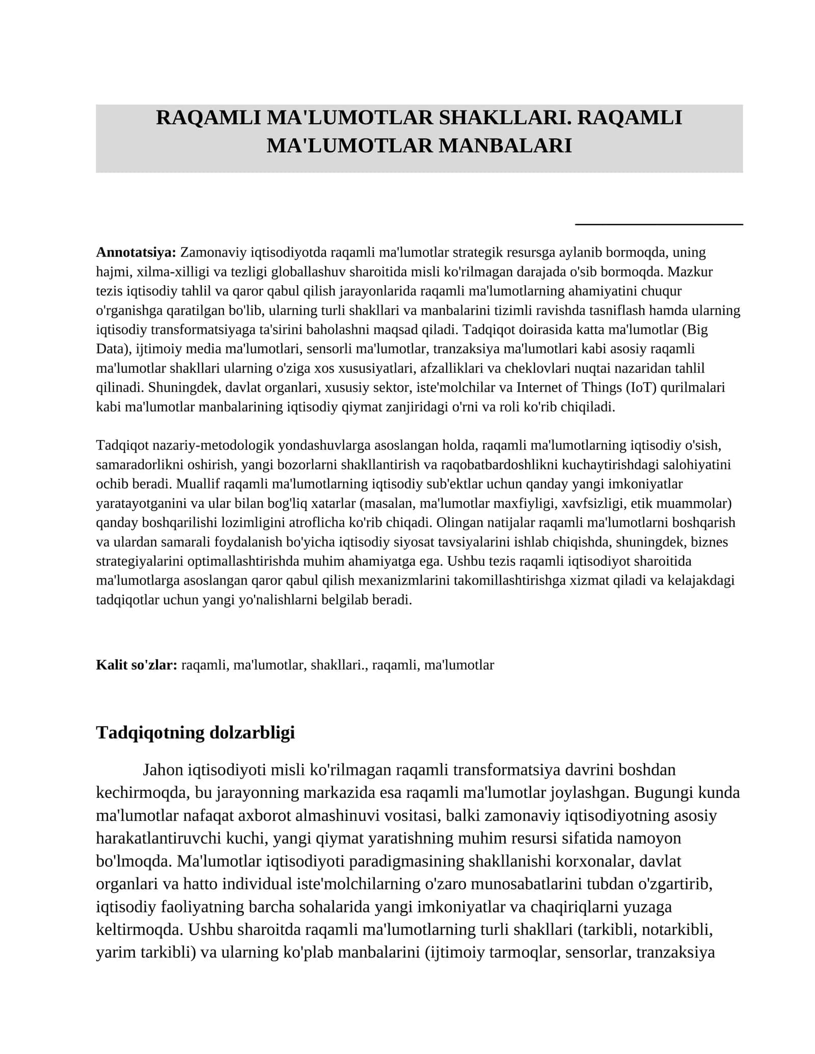 Raqamli ma'lumotlar shakllari. Raqamli ma'lumotlar manbalari 1