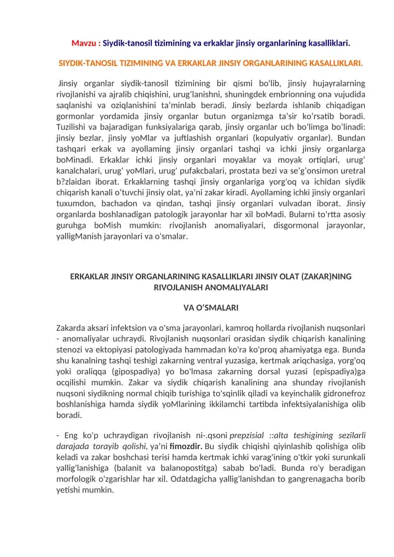 Siydik-tanosil tizimining va erkaklar jinsiy organlarining kasalliklari 1