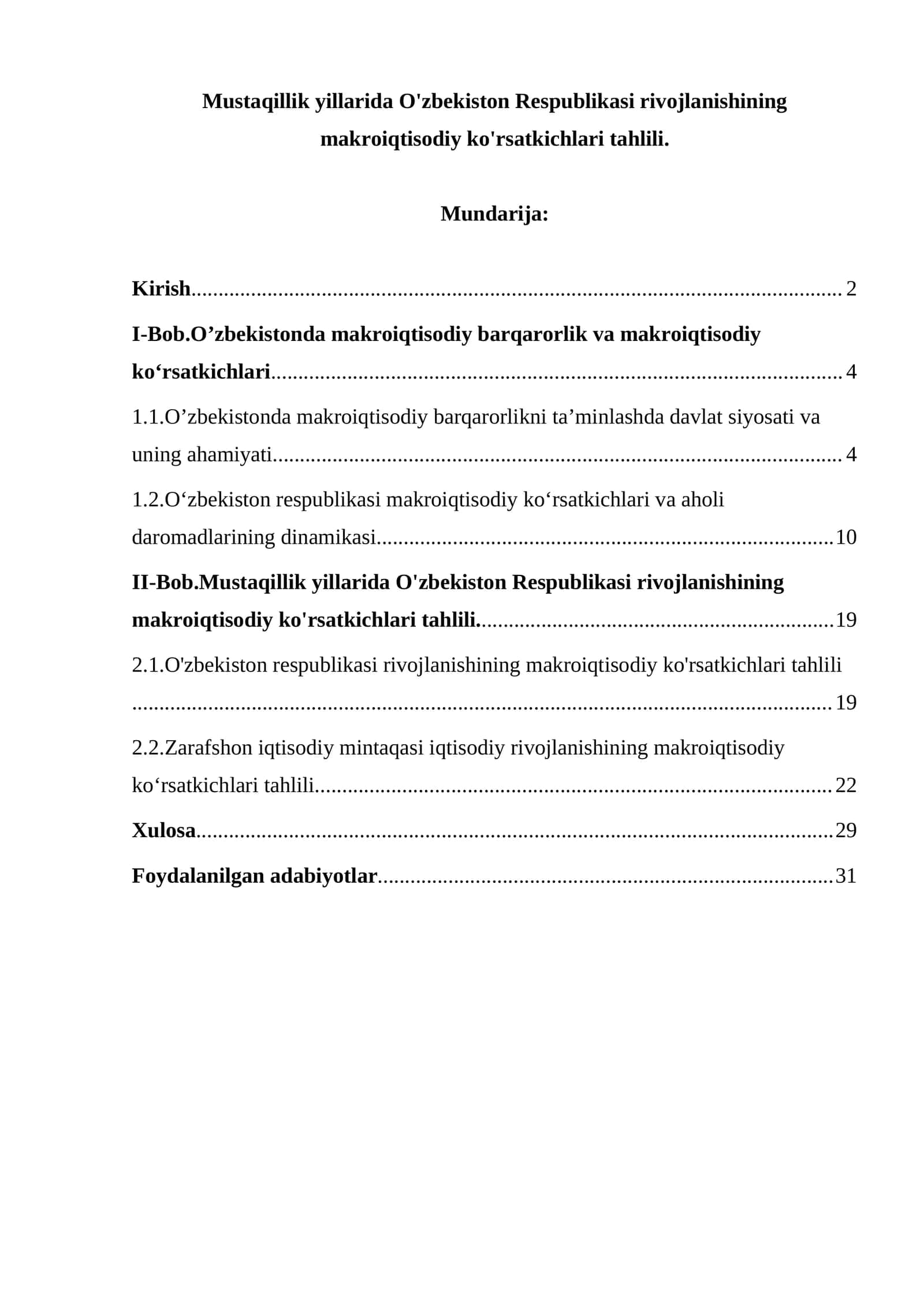 Mustaqillik yillarida O'zbekiston Respublikasi rivojlanishining makroiqtisodiy ko'rsatkichlari tahlili. 1