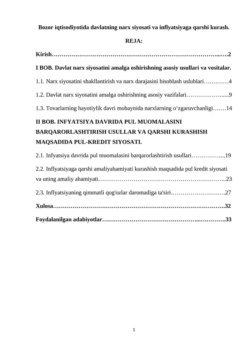 Narx Siyosati va Inflyatsiyaga Qarshi Kurash 1
