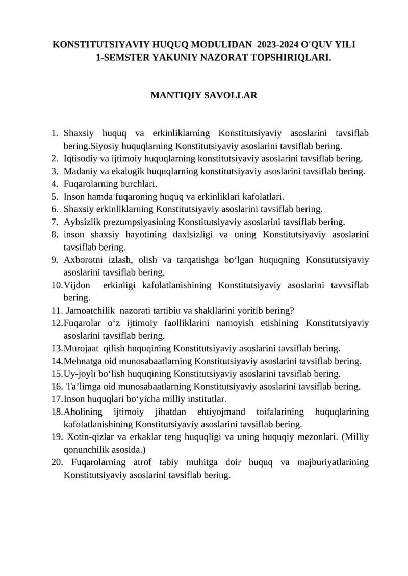 KONSTITUTSIYAVIY HUQUQ MODULIDAN 2023-2024 O'QUV YILI 1-SEMSTER YAKUNIY NAZORAT TOPSHIRIQLARI 1